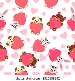 Childish seamless pattern - funny kawaii animals with hearts. Cartoon cat, dog, bear and rabbit. Valentines day.