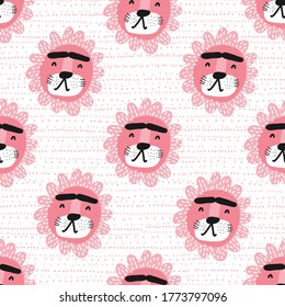 Childish seamless pattern with funny lion. Creative texture for fabric, wrapping, textile, wallpaper, apparel. Vector illustration.