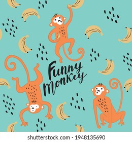 Childish seamless pattern with funny monkey in cartoon style. Creative kids texture for fabric, wrapping, textile, wallpaper, apparel. African banana background.