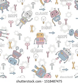 Childish seamless pattern with funny robots.