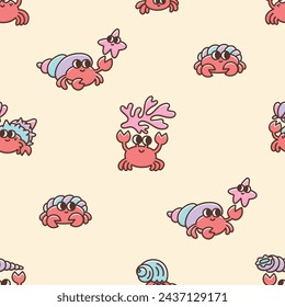 Childish seamless pattern with funny sea or marine crabs on the beach. Colorful print design in kawaii cartoon style