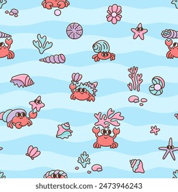 Childish seamless pattern with funny sea crabs, shells, starfishes, coral. Illustration crustacean animals. Blue sea wavy striped background with ​​cartoon creatures. Colorful cute print