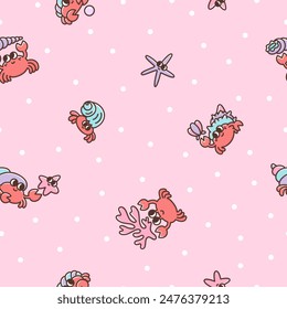 Childish seamless pattern with funny sea or marine crabs. Kawaii cute print on pink background with white polka dots. Illustration crustacean animals. Sea ​​cartoon creatures 