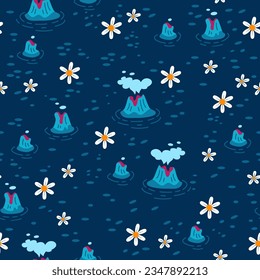 Childish seamless pattern with funny volcanoes and flowers cartoon style