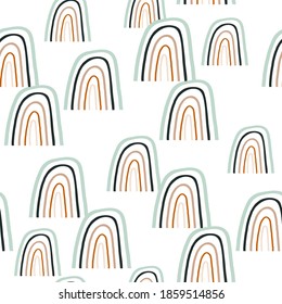 Childish seamless pattern with geometric rainbows. Trendy kids vector background.