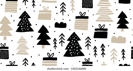 Childish seamless pattern with gift boxes and pines. Trendy scandinavian holiday vector background. Perfect for kids apparel, fabric, textile, nursery decoration, wrapping paper. Kids pattern - Vector