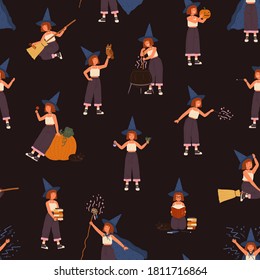 Childish seamless pattern with girl in witch hat with magic wand, potion or stick. Wizard kid on magical broomstick. Flat vector illustration with conjuring cute child, owl, books, Halloween pumpkin.