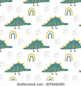 Childish seamless pattern with green dinosaur and rainbow. Dino pattern in green-yellow colors. Suitable for fabrics, wrapping paper, prints.