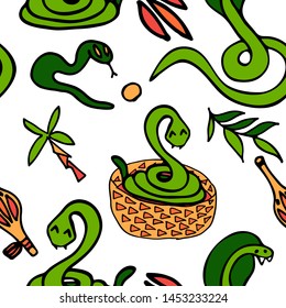 Childish seamless pattern with green snakes, charming flute, leaves and palm tree on white background