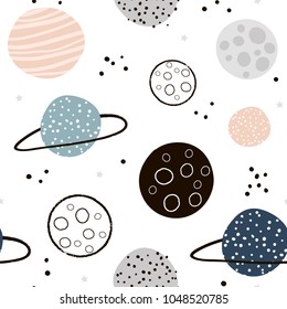 Childish Seamless Pattern With Hand Drawn Space Elements Space, Planets. Trendy Kids Vector Background.