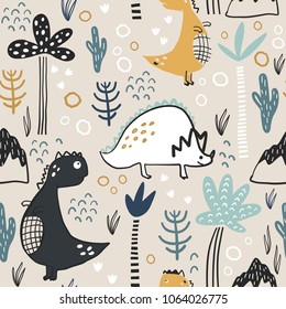 Childish seamless pattern with hand drawn dino, palm trees and dhand drawn shapes in scandinavian style. Creative vector childish background for fabric, textile