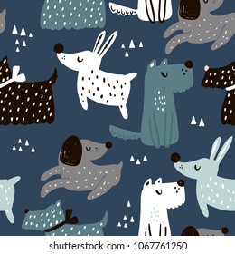 Childish seamless pattern with hand drawn dogs. Trendy scandinavian vector background. Perfect for kids apparel,fabric, textile, nursery decoration,wrapping paper