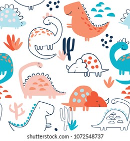 Childish seamless pattern with hand drawn dino in doodle style. Perfect for kids fabric, textile, nursery wallpaper.