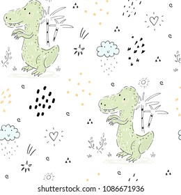 Childish seamless pattern with hand drawn dino.