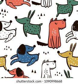 Childish seamless pattern with hand drawn dogs. Trendy scandinavian vector background. Perfect for kids apparel,fabric, textile, nursery decoration,wrapping paper