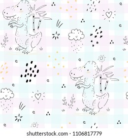 Childish seamless pattern with hand drawn dino.