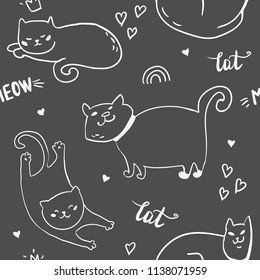 Childish seamless pattern with hand drawn cats. Trendy scandinavian vector background. Perfect for kids apparel,fabric, textile, nursery decoration,wrapping paper