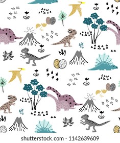 Childish seamless pattern with hand drawn dinosaurs and tropical leaves. Cute funny cartoon dino for children textile , wallpaper , posters and other design. Vector illustration

