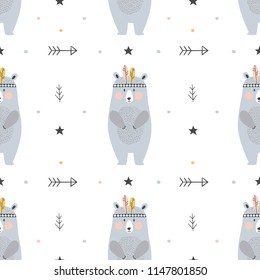 Childish seamless pattern with hand drawn bears in scandinavian style. Creative vector childish background for fabric, textile