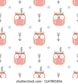 Childish seamless pattern with hand drawn owls in scandinavian style. Creative vector childish background for fabric, textile
