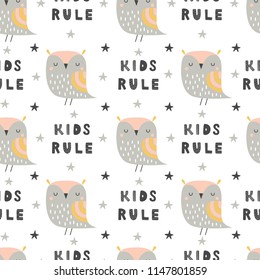 Childish seamless pattern with hand drawn owls in scandinavian style. Creative vector childish background for fabric, textile
