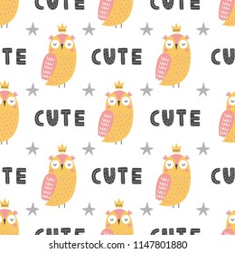 Childish seamless pattern with hand drawn owls in scandinavian style. Creative vector childish background for fabric, textile
