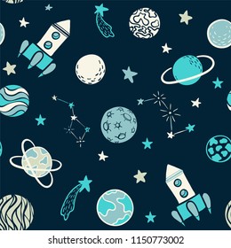 Childish seamless pattern. hand drawn space elements space, rocket, star, planet, space probe. Trendy kids vector illustration for wrapping, poster, web design, kids fabric, textile, nursery wallpaper