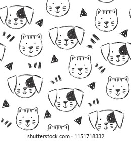 Childish seamless pattern with hand drawn dogs and cats. Trendy scandinavian vector background. Perfect for kids apparel,fabric, textile, nursery decoration,wrapping paper