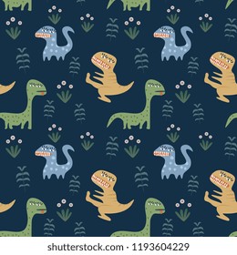Childish seamless pattern with hand drawn dino and floral colorful background. Exotic monster texture wallpaper and kids fashion ready for print.