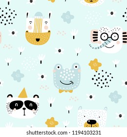 Childish seamless pattern with hand drawn animals. Trendy scandinavian vector background. Vector texture in childish style great for fabric and textile, wallpapers, backgrounds.