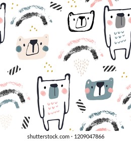 Childish seamless pattern with hand drawn bears. Trendy scandinavian vector background. Perfect for kids apparel,fabric, textile, nursery decoration,wrapping paper