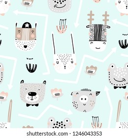 Childish seamless pattern with hand drawn animals. Trendy scandinavian vector background. Vector texture in childish style great for fabric and textile, wallpapers, backgrounds.