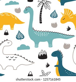 Childish seamless pattern with hand drawn dino in scandinavian style. Creative vector childish background for fabric, textile