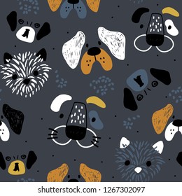 Childish seamless pattern with hand drawn dog's faces. Trendy scandinavian vector background. Perfect for kids apparel,fabric, textile, nursery decoration,wrapping paper