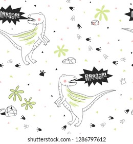 Childish seamless pattern with hand drawn dino in scandinavian style. Creative vector kid-like background for fabric, textile, apparel and more