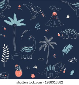 Childish seamless pattern with hand drawn dino in scandinavian style. Creative vector kid-like background for fabric, textile, apparel and more