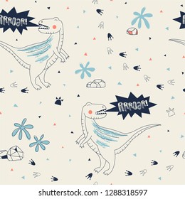 Childish seamless pattern with hand drawn dino in scandinavian style. Creative vector kid-like background for fabric, textile, apparel and more