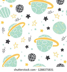 Childish seamless pattern with hand drawn space elements - space, stars, planets. Trendy kids vector background in scandinavian style. Perfect for textile, fabrics for children. - Vector