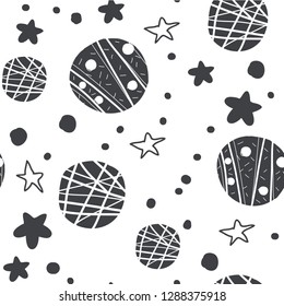 Childish seamless pattern with hand drawn space elements - space, stars, planets. Trendy kids vector background in scandinavian style. Perfect for textile, fabrics for children. - Vector