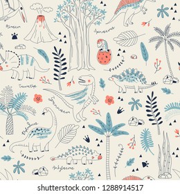 Childish seamless pattern with hand drawn dino in scandinavian style. Creative vector kid-like background for fabric, textile, apparel and more