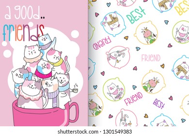 Childish seamless pattern with hand drawn kitten. Trendy scandinavian vector background. Perfect for kids apparel fabric  textile  nursery decoration wrapping paper - Vector