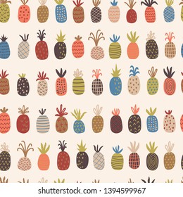 Childish seamless pattern with hand drawn pineapples. Vector illustration in scandinavian style. Use for textile, print, surface design, fashion kids wear