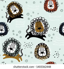 Childish seamless pattern with hand drawn lions. Trendy scandinavian vector background. Perfect for kids apparel,fabric, textile, nursery decoration,wrapping paper