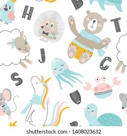 Childish seamless pattern with hand drawn animals and letters. Trendy scandinavian vector background. Perfect for kids apparel,fabric, textile, nursery decoration,wrapping paper