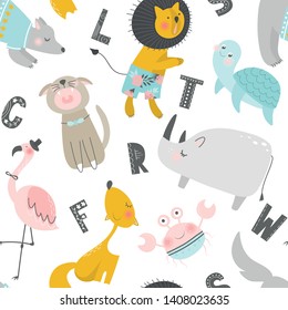 Childish seamless pattern with hand drawn animals and letters. Trendy scandinavian vector background. Perfect for kids apparel,fabric, textile, nursery decoration,wrapping paper