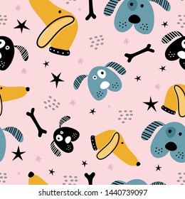 Childish seamless pattern with hand drawn dogs. Trendy scandinavian vector background. Good for kids, baby, apparel, textile print decoration.