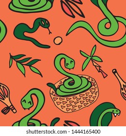 childish seamless pattern with hand drawn charmed snakes with flute and basket on bright orange background