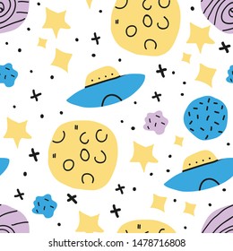 Childish seamless pattern with hand drawn space elements - space, stars, planets, ufo. Trendy kids vector background in scandinavian style. Perfect for textile, fabrics for children. - Vector - Vector