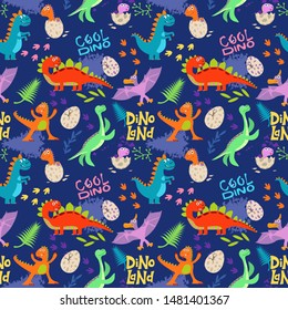 Childish seamless pattern with hand drawn dino in scandinavian style. Creative vector childish background for fabric, textile