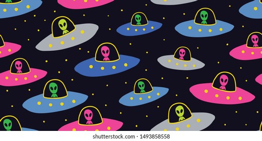 Childish seamless pattern with hand drawn cosmos ufo alien spaceships. Trendy kids vector background in scandinavian style. Perfect for textile, fabrics for children. 90s geek nerd pattern. - Vector